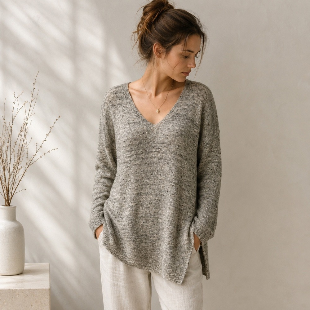 Vince Womens Linen Sweater Sz M Gray Marled V Neck Lightweight Knit Minimalist